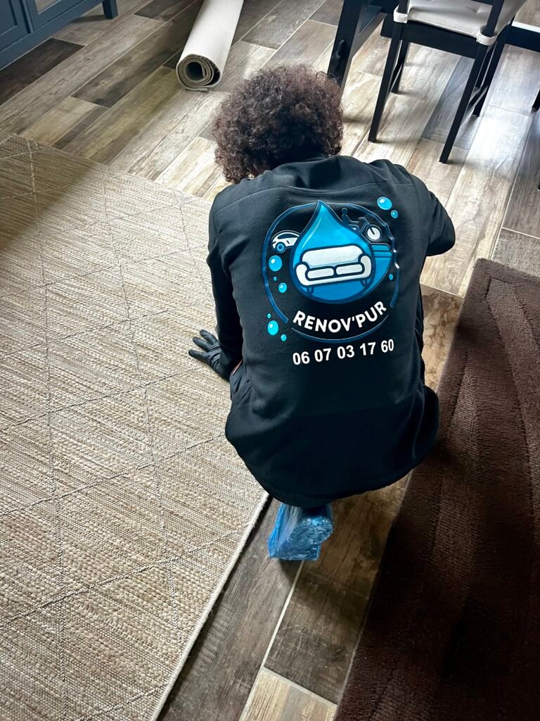 Technicien Rénov’Pur en intervention de nettoyage de moquette chez un client professionnel